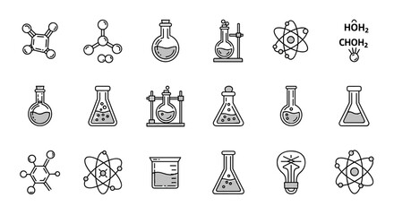 Collection of Chemistry-Related Line Icons with Editable Stroke for Design, Websites, Apps, and Cards, featuring Linear Images of Chemical Compounds, Laboratory Equipment, Atoms, and a Lightbulb