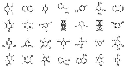 Collection of chemical compound outline signs, featuring editable stroke, perfect for infographics, articles, books, flyers, and banners, presented as a vector cartoon illustration with clean lines