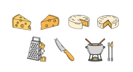 Set of delicious cheese icons, including wedges of Swiss cheese with holes, whole wheels of Brie or Camembert, a cheese grater with falling cheese shreds, a knife, and a fondue pot with forks