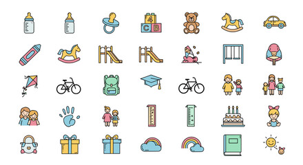 Vibrant Childhood Line Icon Collection: A versatile set of editable stroke icons perfect for infographics, articles, books, flyers, and banners, featuring a charming vector cartoon illustration style