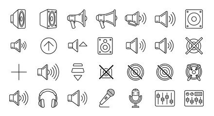Collection of Loud Speaker Related Line Icons: Outline Signs for Graphic and Web Design, Apps, Advertisements, Various Cards, Vector Cartoon Illustration with White Background. Modern and Simple