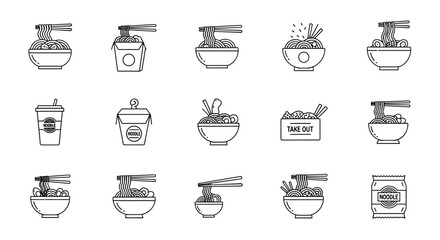 Collection of minimalist line icons representing various noodle dishes and related food items, including bowls of ramen, take-out containers, and drinks, perfect for web design, graphic design, apps