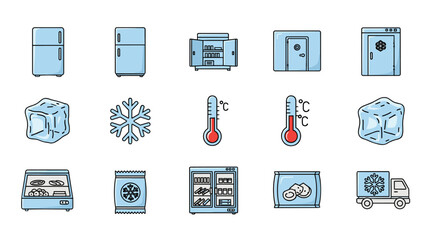 Collection of cold storage and refrigeration icons, including refrigerators, freezers, ice cubes, snowflakes, thermometers, and a delivery truck, presented in a clean, outline, linear style suitable