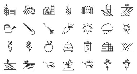 Collection of outline symbols representing field, farm, and garden elements, ideal for apps, websites, banners, and infographics. This vector set includes icons for agriculture, gardening tools