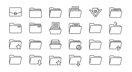 Minimalistic Outline Style Computer Folder Icons for Design, Cards, Apps, and Social Networks: A Vivid Vector Cartoon Illustration on a Clean White Background, Perfect for Digital Projects and