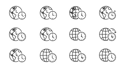 Collection of twelve outline icons depicting a clock face next to a globe or Earth, symbolizing time zones, global time, and travel, perfect for graphic and web design, apps, advertisements, and