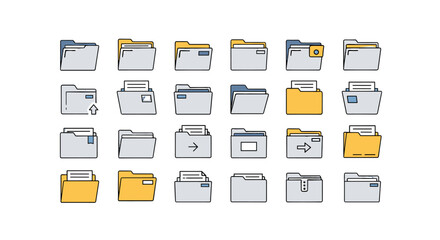 Collection of 24 vivid, modern, and clean vector icons representing computer folders and files, suitable for web, apps, and graphic design. Includes editable stroke and a black background, perfect