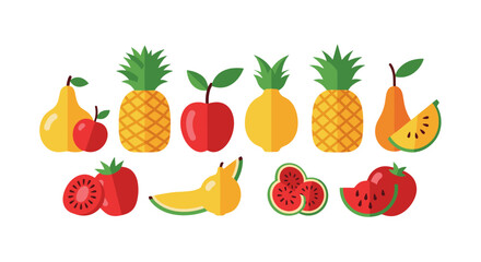 A vibrant collection of flat-style fruit icons, showcasing a tropical selection with simple, modern shapes. This assortment includes pineapples, pears, apples, tomatoes, and watermelon slices, all