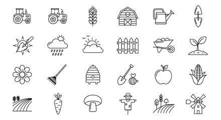 Collection of outline symbols representing field, farm, and garden elements, meticulously drawn with thin lines, ideal for applications, websites, banners, infographics, and diverse design projects