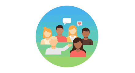 Diverse group of people communicating and sharing ideas within a community, represented by flat design icons with speech bubbles and a heart icon, symbolizing connection and social interaction in a
