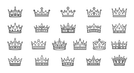 Modern Outline Style Crown Icons for Design, Cards, Apps, Social Networks, Vector Cartoon Illustration with a White Background, Ordered Set of Royal Symbols Representing Power, Authority, and