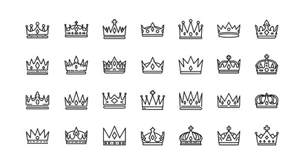 A collection of 30 diverse crown line icons, presented in a clean outline style on a white background, perfect for graphic design, web applications, advertisements, and various card designs, offering