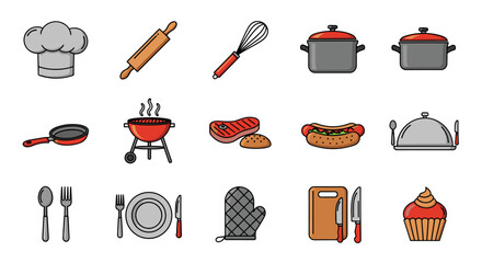Vibrant Flat Design Cooking Icon Bundle: A Comprehensive Collection of Culinary Tools and Food Items, Perfect for Graphic Design, Apps, and Conceptual Illustrations. Includes Chef Hat, Rolling Pin