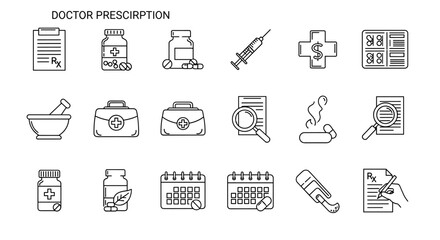 A comprehensive set of doctor prescription icons, featuring a prescription pad, medicine bottles, pills, a syringe, a mortar and pestle, a first aid kit, a magnifying glass, and a calendar, all