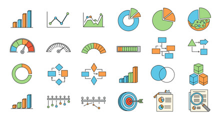 Collection of colorful vector graphics illustrating business and data concepts, including bar charts, line graphs, pie charts, progress bars, flowcharts, Venn diagrams, target icons, and magnifying