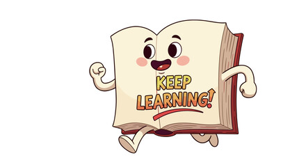 Adorable cartoon book character with a cheerful expression, running energetically while displaying the motivational message "KEEP LEARNING!" with an upward arrow, symbolizing progress and continuous