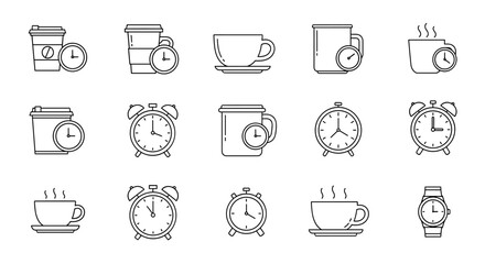 Collection of minimalistic outline icons representing various cups and clocks, perfect for web and graphic design, apps, banners, social networks, and cards. This vector cartoon illustration features