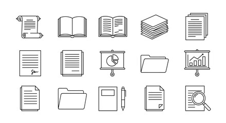 A collection of simple, editable stroke vector icons representing documents, contracts, and presentations, perfect for infographics, articles, books, flyers, and banners, rendered in a clean cartoon