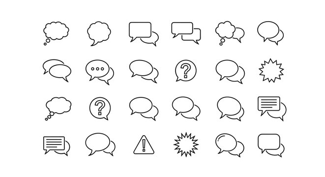 A diverse collection of vibrant and expressive speech bubble line icons, presented as outline signs perfect for graphic design, web development, app interfaces, advertising materials, and various