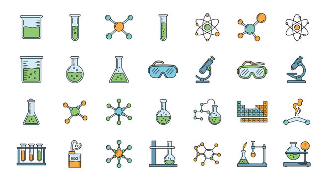 A vibrant and diverse collection of chemistry-themed outline-style icons, perfect for graphic design projects, app development, and social network content. This ordered set features cartoon