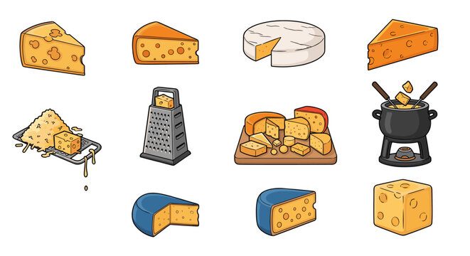 A delightful collection of cheese illustrations, featuring wedges, rounds, grated cheese, and a fondue pot, presented as cartoon vector graphics. This set includes various cheese types like cheddar