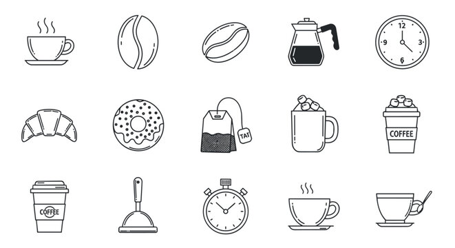 A comprehensive collection of line art icons representing a coffee break, featuring steaming coffee cups, coffee beans, a croissant, a donut, a tea bag, a French press, a stopwatch, a clock, and