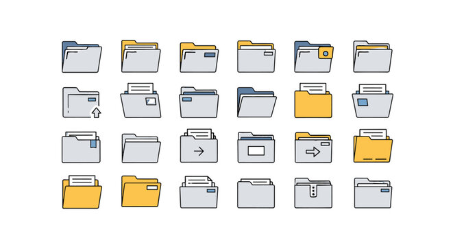 Collection of 24 vivid, modern, and clean vector icons representing computer folders and files, suitable for web, apps, and graphic design. Includes editable stroke and a black background, perfect