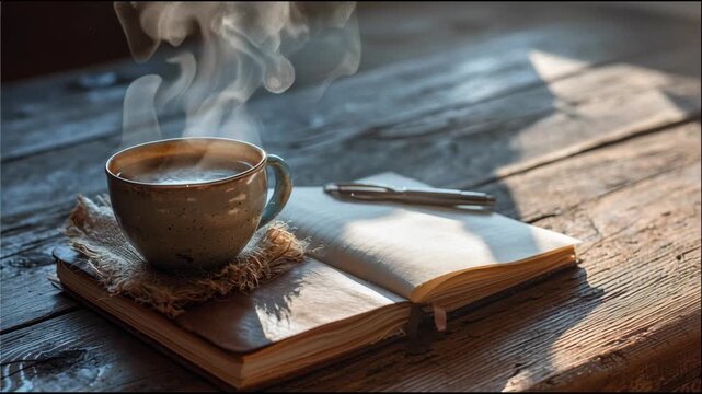 Cozy Morning Ritual: Steaming Coffee Mug, Vintage Journal, and Pen on Rustic Wood Table.