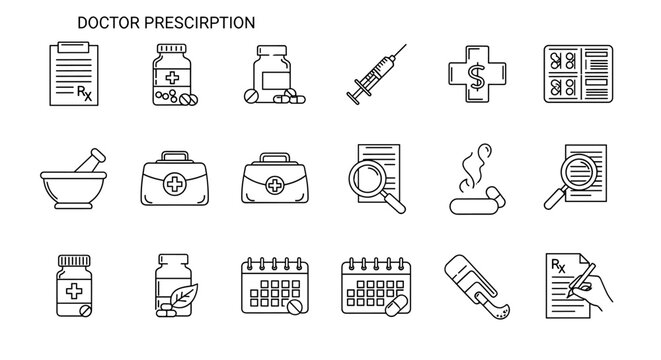 A comprehensive set of doctor prescription icons, featuring a prescription pad, medicine bottles, pills, a syringe, a mortar and pestle, a first aid kit, a magnifying glass, and a calendar, all