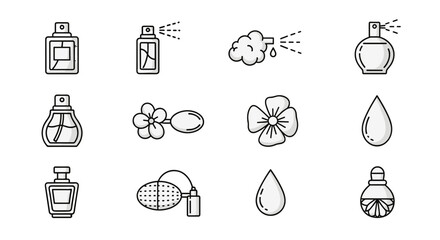 Collection of elegant perfume bottles and fragrance elements, including spray bottles, atomizers, flower motifs, and scent drops, presented as clean, modern vector icons on a black background