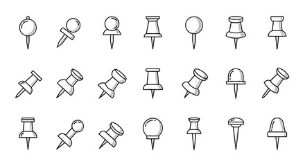 Collection of thin icons of push pins for school and office, with editable stroke, suitable for websites, books, cards, and apps. Vector cartoon illustration with a clean, modern aesthetic, perfect