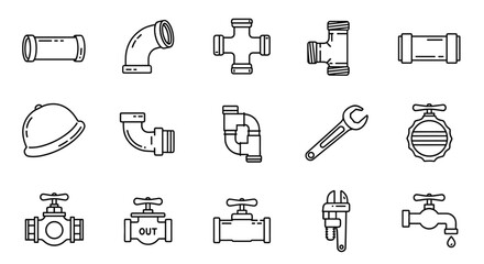 Set of thin line icons representing plumbing and construction elements, including various pipe fittings, valves, wrenches, and a hard hat, suitable for web, print, and app design, presented as a