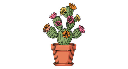Vibrant Potted Cactus with Blooming Flowers, Isolated on White Background: A Charming Vector Hand-Drawn Illustration Capturing Desert Beauty and Botanical Delights with a Touch of Whimsy and Color