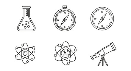 Modern Line Icon Pack for Science and Exploration: Featuring a Laboratory Flask, Compass, Atomic Model, and Telescope, perfect for web design, apps, and educational materials, presented as clean