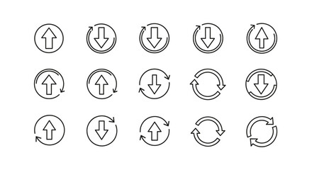 Set of outline arrow icons in circles, including up arrows, down arrows, and circular arrows, representing direction and rotation. These versatile vector graphics are perfect for graphic design, web