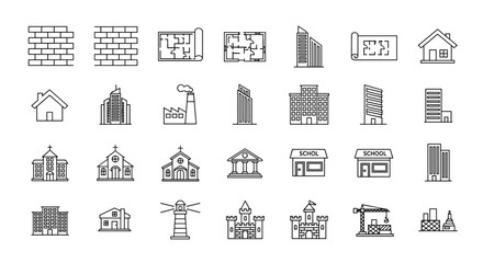 Collection of outline icons representing various architectural elements and buildings, including brick walls, floor plans, houses, factories, churches, schools, castles, lighthouses, and construction