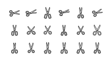Minimalistic outline icons of scissors in various orientations and styles, perfect for web and graphic design, apps, banners, social networks, and cards. This vector cartoon illustration features a