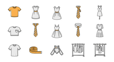 Set of Sewing and Garment Related Line Icons with Editable Stroke for Design, Websites, Apps, and Cards, Featuring Linear Images of T-Shirt, Dress, Tie, Measuring Tape, and Clothing Racks
