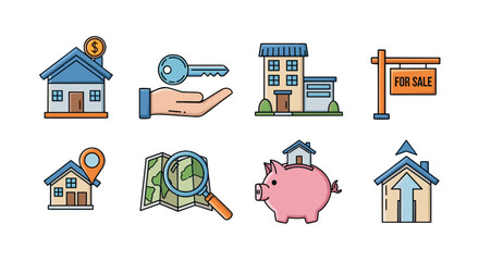 Collection of stylized vector illustrations representing various aspects of real estate, including houses, keys, a piggy bank for savings, a map with a location pin, and a 'for sale' sign, all