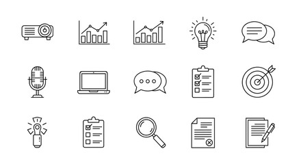 Collection of 15 business and finance line icons, including projector, bar charts, lightbulb, speech bubbles, microphone, laptop, clipboard with checklist, target, magnifying glass, document, and