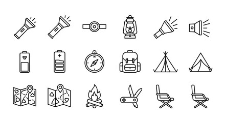 Set of camping flashlight related line icons, outline signs for graphic and web design, apps, adverts, various cards, vector cartoon illustration. A collection of minimalist symbols representing
