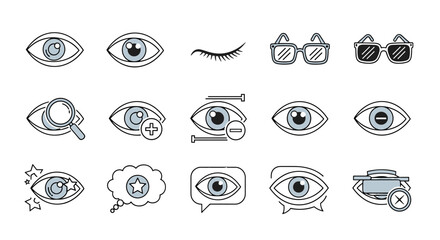 Collection of eye and glasses related line icons, featuring outline signs for graphic and web design, apps, adverts, and various cards. This vector cartoon illustration includes symbols for vision