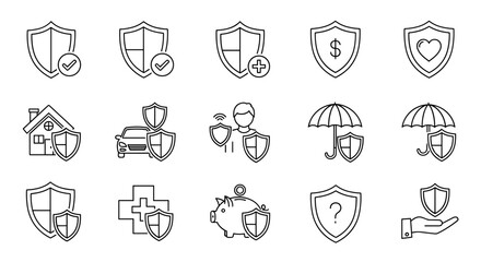 Collection of outline shield and insurance line icons, representing security, protection, and safety for graphic and web design, apps, adverts, and various cards. This vector cartoon illustration