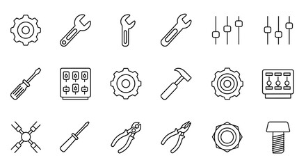 Collection of thin line icons representing various tools and settings, perfect for web, books, cards, and apps. This editable stroke vector cartoon illustration features gears, wrenches