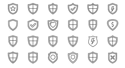 Collection of 16 thin line shield icons, perfect for web, books, cards, and apps. This editable stroke vector cartoon illustration set features a white background and diverse shield shapes, ideal for