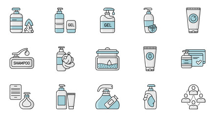 A curated collection of minimalistic linear pictograms representing shampoo, gel, and skincare products, perfect for web design, graphic design, app interfaces, social media banners, and digital