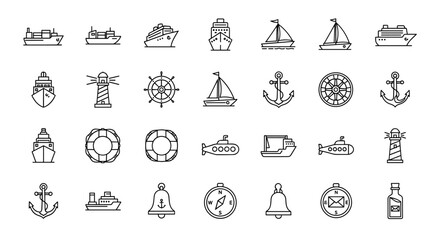 Collection of outline icons representing various nautical and maritime elements, including ships, sailboats, submarines, lighthouses, anchors, lifebuoys, ship wheels, compasses, and bells, designed