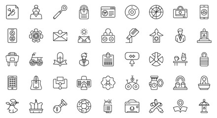 Collection of simple, isolated line icons on a white background, featuring editable strokes suitable for web, books, cards, and apps. This vector cartoon illustration includes diverse symbols like