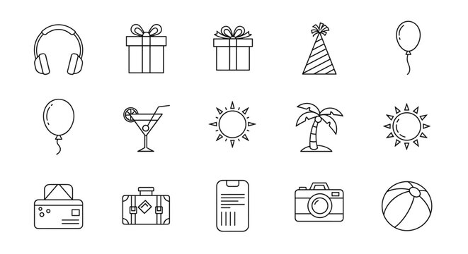Minimalistic Line Icon Pack Featuring Party and Holiday Elements: Headphones, Gift Boxes, Party Hat, Balloon, Cocktail, Sun, Palm Tree, Luggage, Smartphone, Camera, and Beach Ball. Editable Stroke