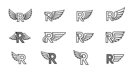 Collection of twelve stylized letter R monograms, each adorned with a pair of wings, presented in a clean vector cartoon illustration style. This ordered set features variations in wing design and R